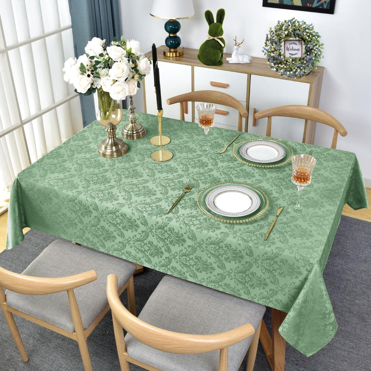 SASTYBALE Summer Tablecloth Rectangle, Spill-Proof Wrinkle Resistant Jacquard Fabric Table Cloth, Soft Polyester Damask Table Cover for Parties, Picnic, Dinner(60 * 84 inch, Oblong, Light Green)