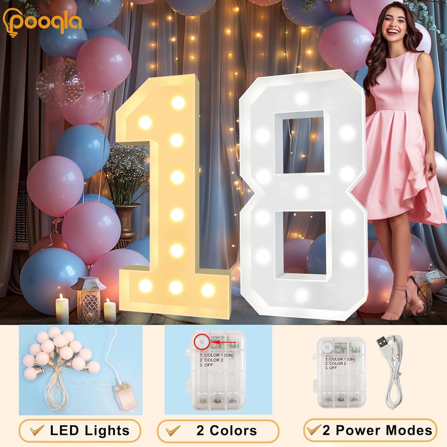 Pooqla 4 FT Light Up Marquee Numbers, Giant Mosaic Number Cool White and Warm White LED, Large Lighted Marquee Numbers for Balloons 7th 17th 70th Birthday Party Decoration, LED 7