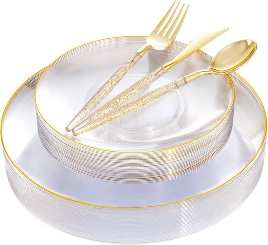 Liacere 150PCS Clear Gold Plastic Plates - Gold Plastic Silverware with Glitter Handle - Clear Disposable Plates Include 30 Guests Plates, Forks, Spoons, Knives for Wedding & Party&Chrismas