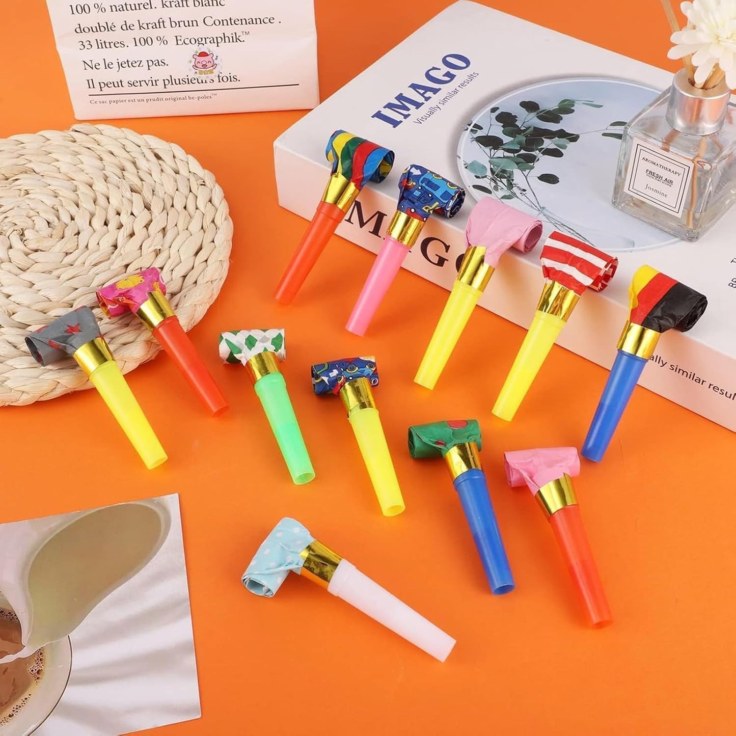 100PCS Multicolor Party Blowers & Whistles - 100 Count, Funny Noise Makers for Kids & Adults, Reusable Paper Blowers, Perfect for Birthdays, Weddings & More