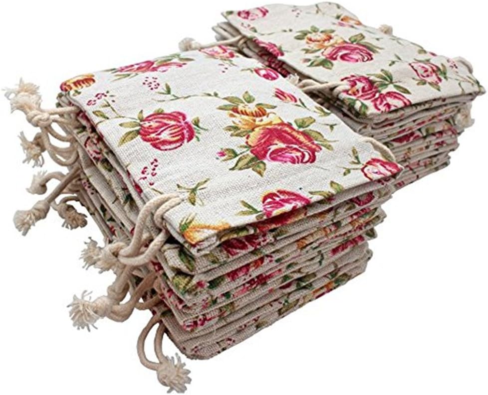 KUPOO 50PCS Rose Drawstring Bags Burlap Flower Pouch Bags Gift Bags Jewelry Pouches for DIY Craft Wedding Party, 5.5X3.9 Inches (5.5X3.9)