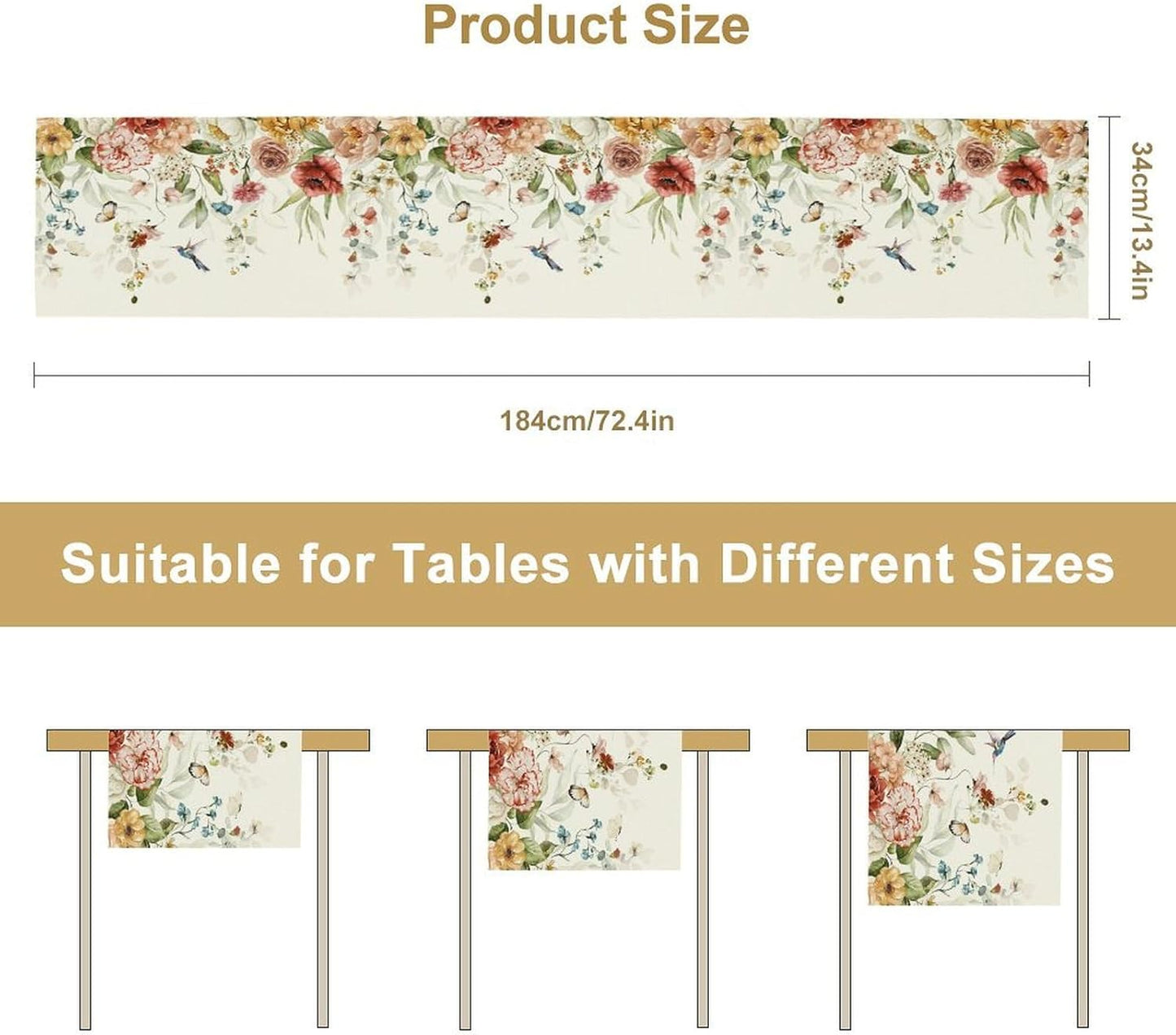 Rustic Floral Table Runner, Watercolor Flower Leaves Hummingbird Butterfly Farmhouse Kitchen Dinning Table Runner for Indoor Outdoor Home Wedding Party Holiday, 13x108 Inch