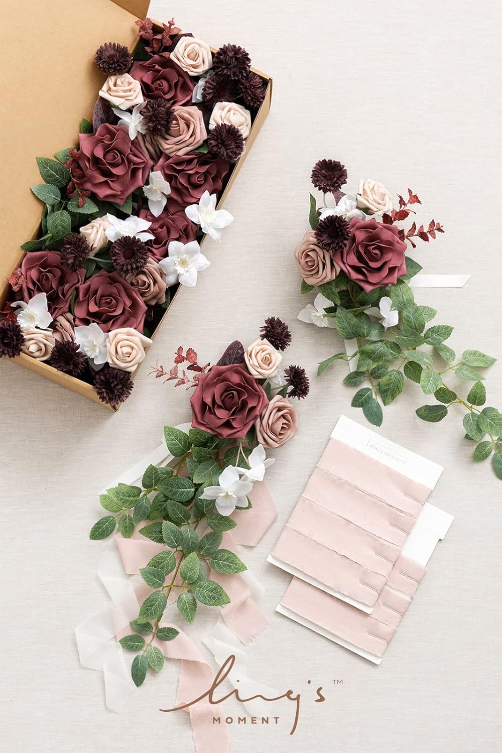 Ling's Moment 8pcs Wedding Artificial Aisle Pew Flowers Chair Decorations Arrangements with Chiffon Ribbons Dusty Rose Mauve for Ceremony Chair Back Floral Decor Reception Church Party Outdoor