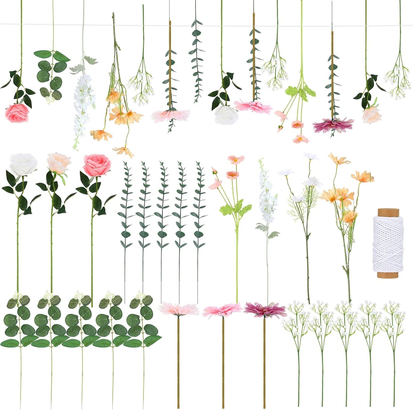 Hoteam 51 Pcs DIY Flower Garland Artificial Hanging Wildflower Backdrop Set Fake Rose Eucalyptus Daisy Poppy Wild Flower Decor for Wedding Party Birthday Home Garden (White,Champagne,Pink)