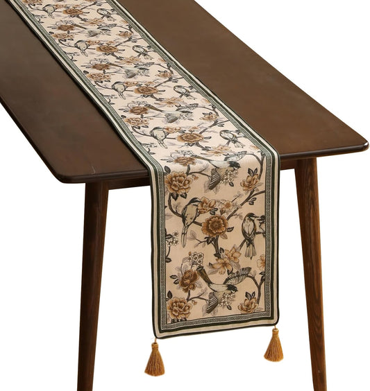 ISAENNE Designer Vintage Beige Linen Table Runner 71 Inches Long,Elegant Floral and Bird Pattern Decor Table Runners for Dining Tables,Thanksgiving,Christmas,Banquet,Party,12"*71"-Murad A
