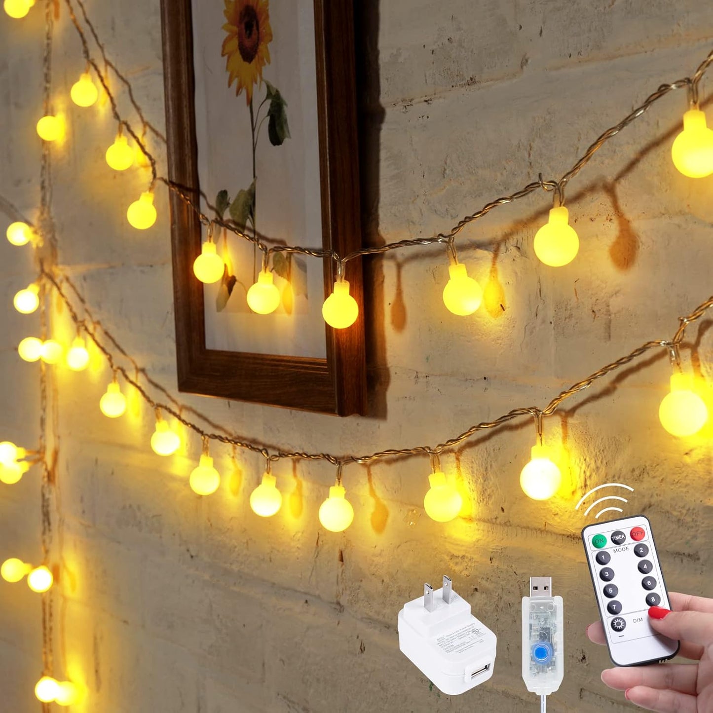 33Feet 100 LEDs Globe String Lights, 8 Modes USB Ball String Lights with Remote for Indoor/Outdoor Commercial Decor, Gardens, Patio, Wedding, Party, Bedrooms, Christmas Decorations, Warm White