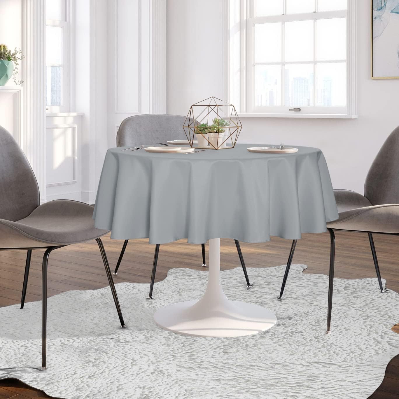 sancua Round Tablecloth - 70 Inch - Water Resistant Spill Proof Washable Polyester Table Cloth Decorative Fabric Table Cover for Dining Tables, Buffet Parties and Camping, Silver Grey