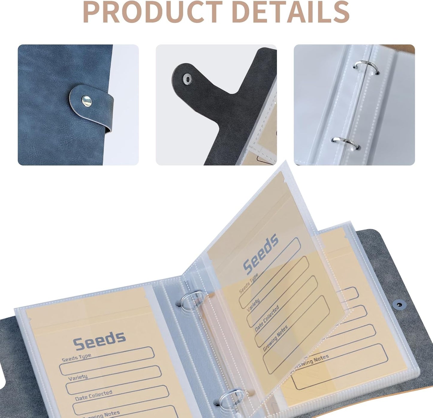 Seed Organizer Binder with 50 PCS Resealable Seed Envelopes - 50 Storage Pockets, 3.5x5 Inch Clear Sleeves, Seed Saver for Garden Lover - Cyan
