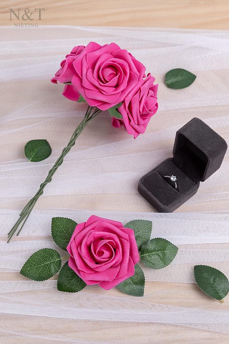 N&T NIETING Artificial Flowers, Hot Pink Artificial Roses, 50pcs Fake Flowers with Stem for DIY Wedding Bouquets Centerpieces Bridal Baby Shower Party Home Arrangement Decoration