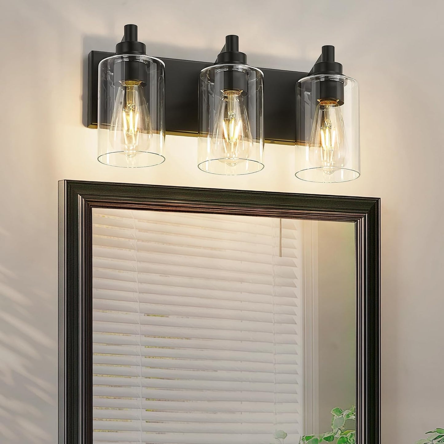 3-Light Bathroom Light Fixtures, Black Vanity Light with Cylinder Clear Glass Shade, Modern Vanity Lighting Fixtures Over Mirror, VL143-MB-3