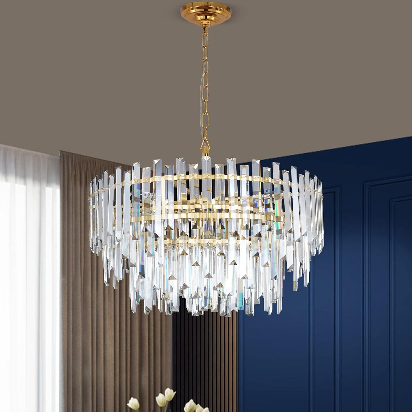 Gold Copper Crystal Chandelier Lighting 24'' for Dining Rooms Bedroom Foyer Entryway Ceiling Hanging Pendant Chandelier Light Fixture Lamp