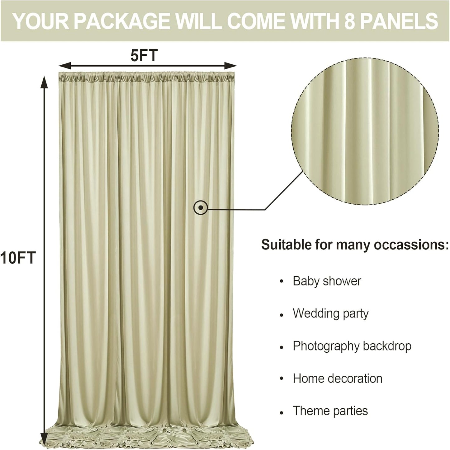 40 ft x 10 ft Wrinkle Free Sage Green Backdrop Curtain for Parties, Thick Green Polyester Photo Backdrop Drapes for Baby Shower Wedding Engagement Birthday Party Backdrop Stand,5ft x 10ft 8 Panels