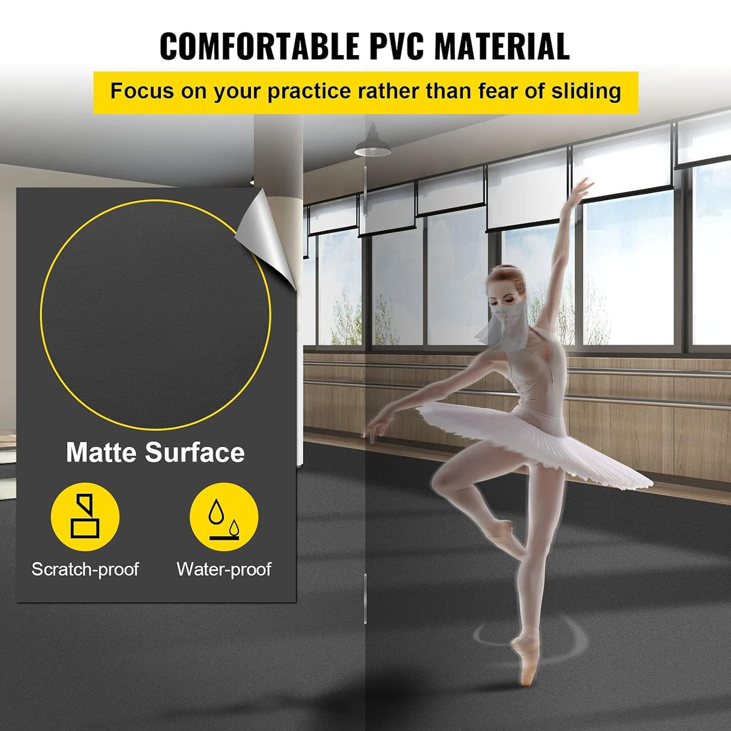 VEVOR Dance Floor, 6.6x11.8ft Dance Floor Roll, 0.06in Thick PVC Vinyl Dance Floor, Black/Grey Reversible Portable Dance Floor, Non-Slip Dance Flooring, Ballet Dance Floor for Jazz, Pop, Lyrical Style