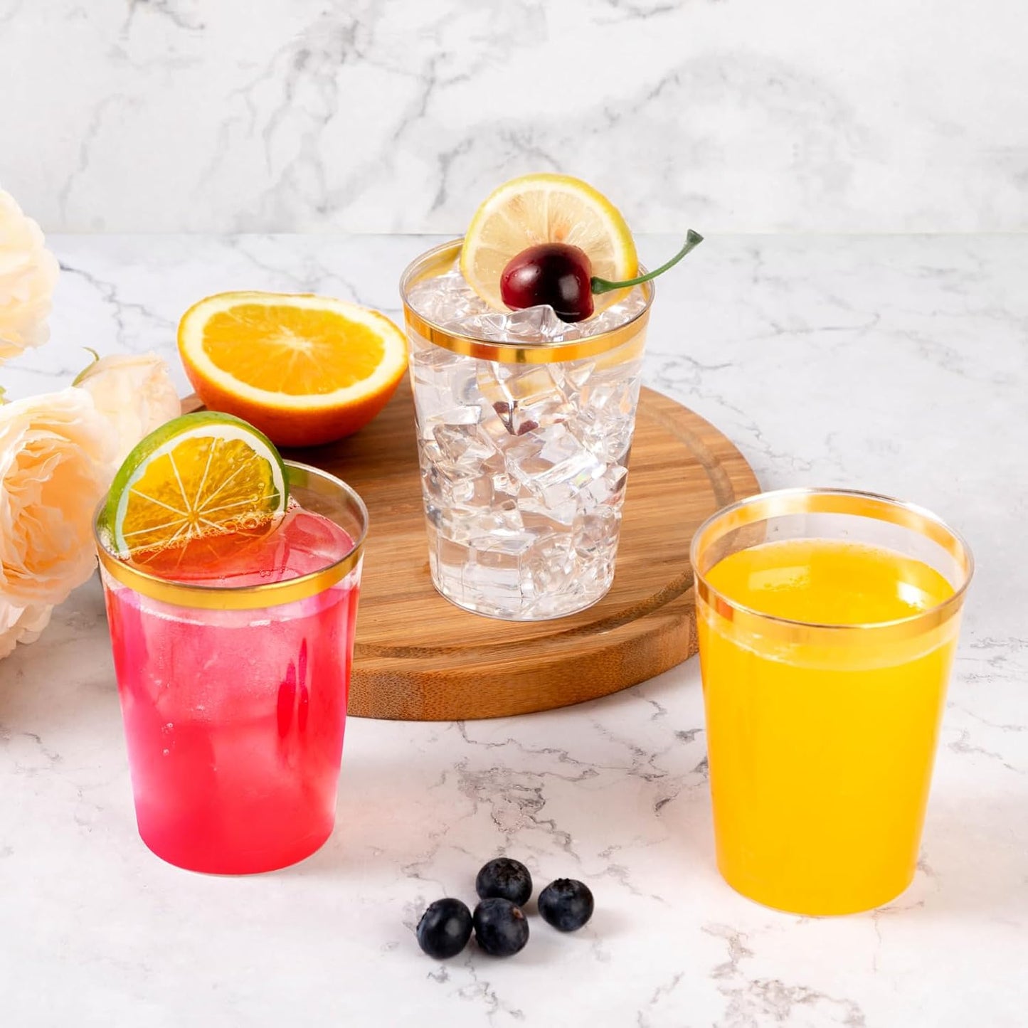 Goodluck 50PCS 14oz Gold Plastic Cups for Party, Disposable Gold Rim Cups, Plastic Cocktail Glasses for Wedding Thanksgiving, Christmas, and Parties