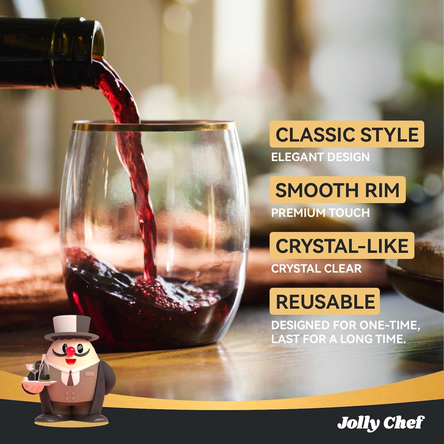 JOLLY CHEF 12 Pack 12oz Gold Plastic Wine Glasses Stemless, Gold Disposable Wine Cups, Premium Quality, Recyclable, Unbreakable, Crystal and BPA-Free for Party