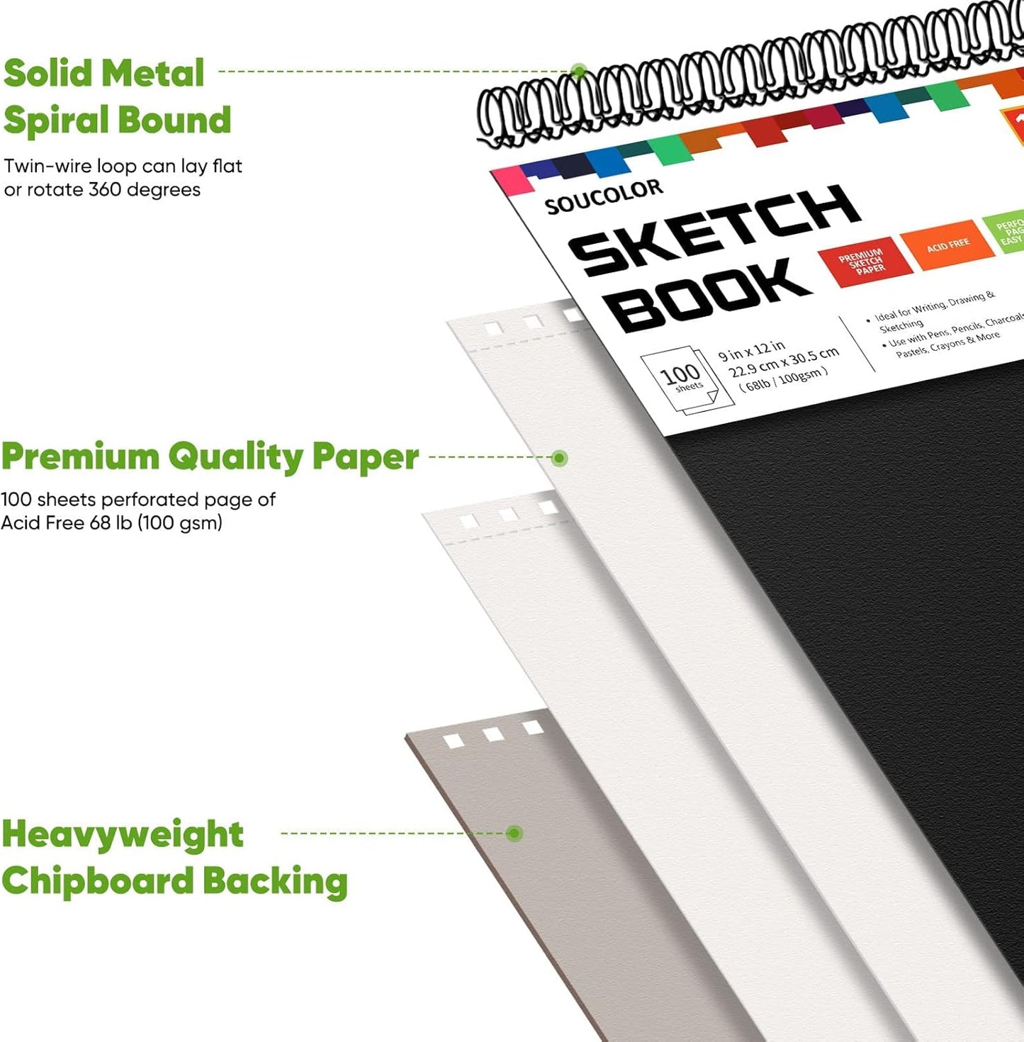Soucolor Art and Craft Paper for Kids Adults Artists Doodles, School Projects & Home Painting, 9"x12" Bulk Sketch Books 3-Pack (100 Sheets Each) | Spiral Bound Drawing Paper Acid Free (68lb/100gsm)