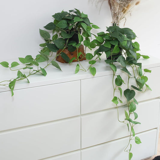 Fake Pothos Hanging Plants – 33" Set of 2 Faux Ivy Vines with Pots, Realistic Silk Devil’s Ivy for Indoor Décor, Low Maintenance Artificial Greenery for Home or Office (Green)