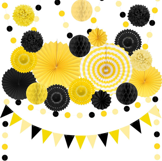 Black and Yellow Party Decorations, 23Pcs Hanging Paper Fans Birthday Decorations with Black Pom Poms Flowers for Boy Birthday, Bridal Shower, Baby Showers, Wedding