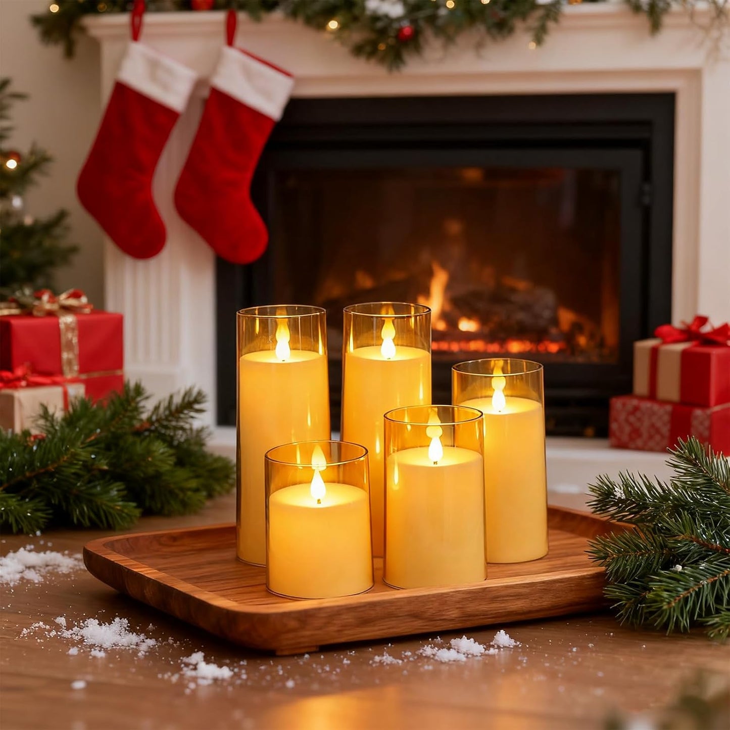 Fo32won Amber LED Flameless Pillar Candles Battery Operated with Remote and Timer, Set of 5 (D 3"×H 4" 5" 6" 8" 8") Decorative Plexiglass Flickering Candles with 3D Flame