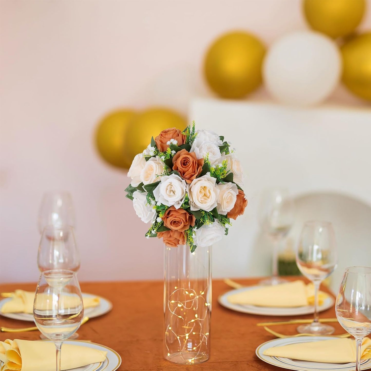 BLOSMON Terracotta Flowers for Wedding Centerpieces: 6 Pcs Fake Rose Kissing Balls Fall Table Decor - Artificial Silk Bouquet with Base Floral Arrangements Home Party Room DIY Decorations