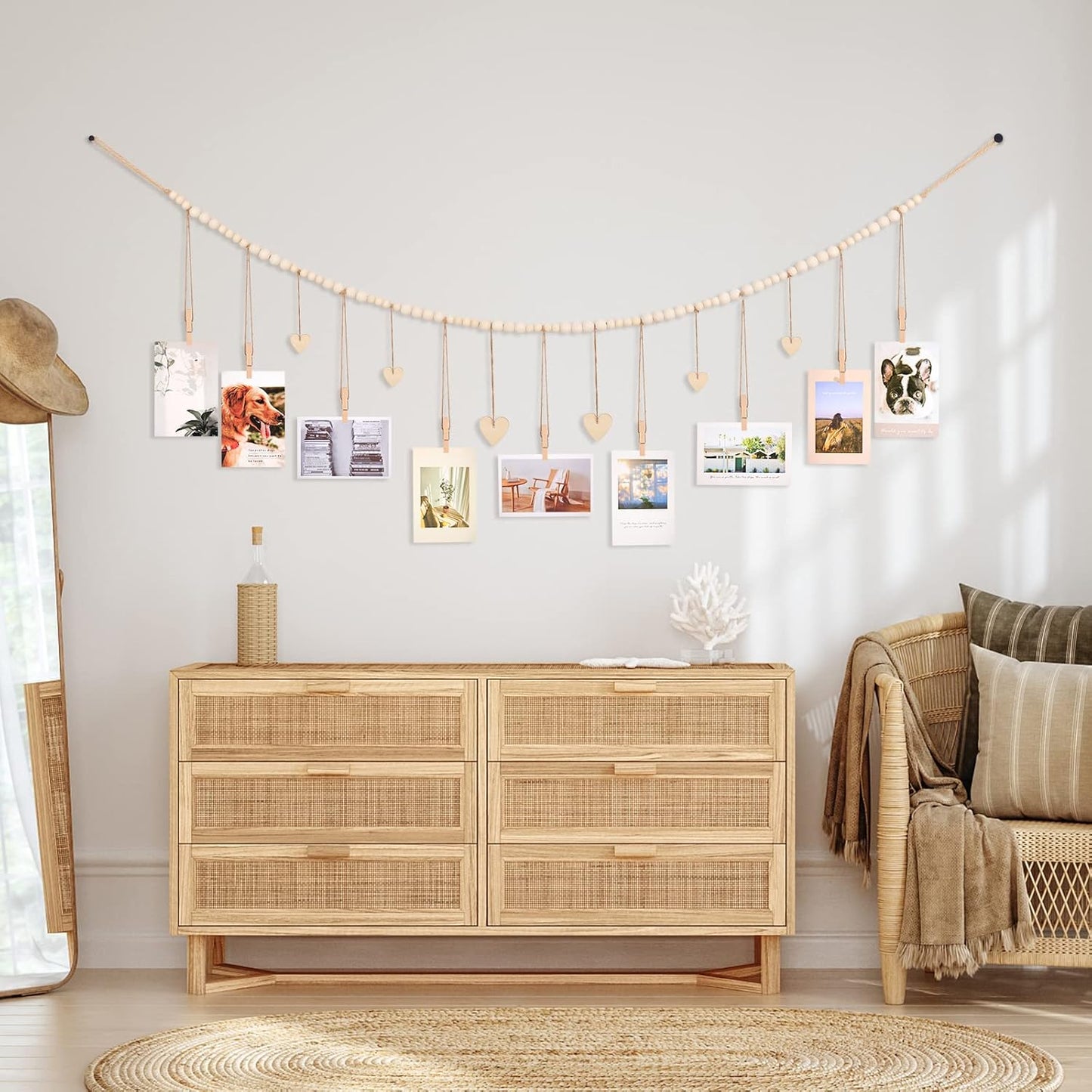 Hanging Photo Display with Clips, 9 Wood Clips, Boho Picture Frames Collage Wall Decor, Photo Hanger for Office Cubicle Decor, Kids Art Display (1)