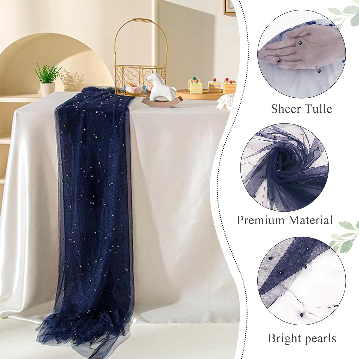 Set of 6 Pearl Table Runner 29 x 120 Inch Tulle Fabric Lace Table Runners Boho Rustic Tablecloth for Bridal Shower Birthday Party Wedding Arch Aisle Veil Dessert Table Decor(Navy Blue)