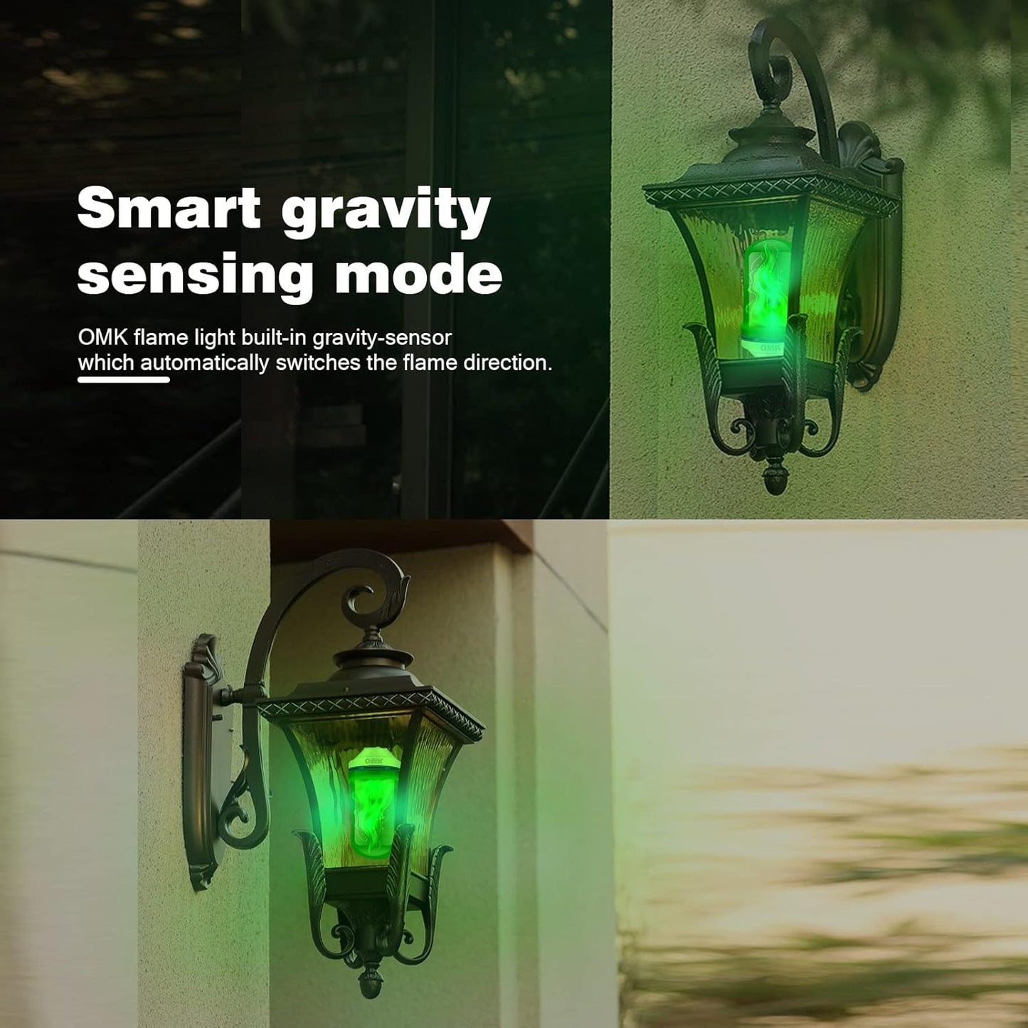 OMK 4 Pack Green Light Bulbs, Christmas Flame LED Light Bulbs Decorations Flickering/Breathing/Ligting/Gravity 4 Modes Flame Bulb for Bars Hotel Yard Porch Party Outdoor Decorative Holiday Gifts