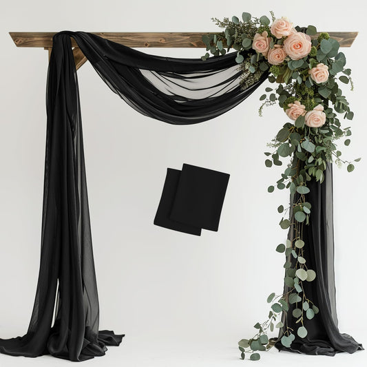 Wedding Arch Draping Fabric 2 Panels 28.7" x 20FT Black Sheer Chiffon Backdrop Drapes for Wedding Ceremony Birthday Party Bridal Shower Outdoor Decoration