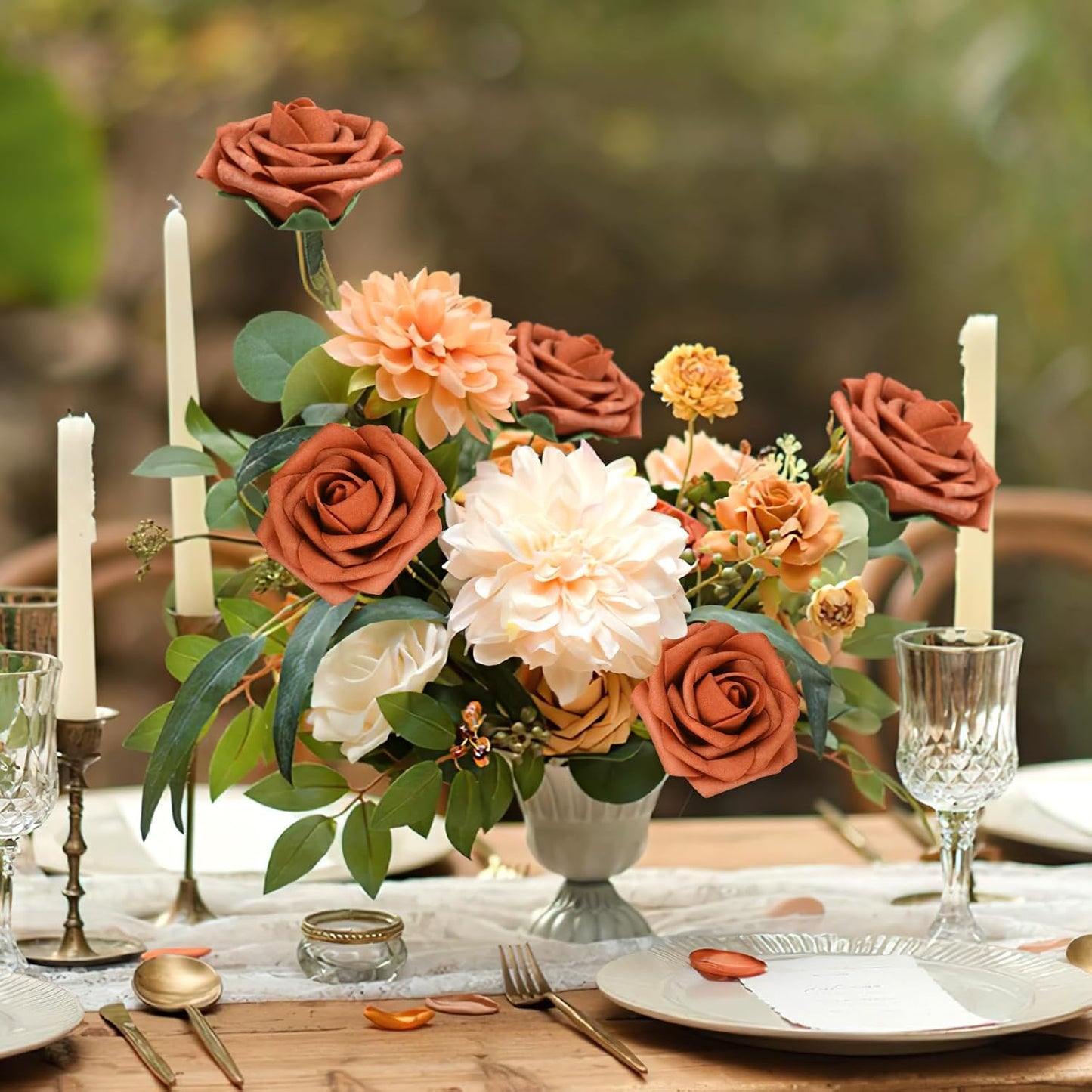 AmyHomie Artificial Flowers Burnt Orange Rose 25pcs Real Looking Fake Roses w/Stem for DIY Wedding Bouquets Centerpieces Arrangements Party Baby Shower Home Decorations