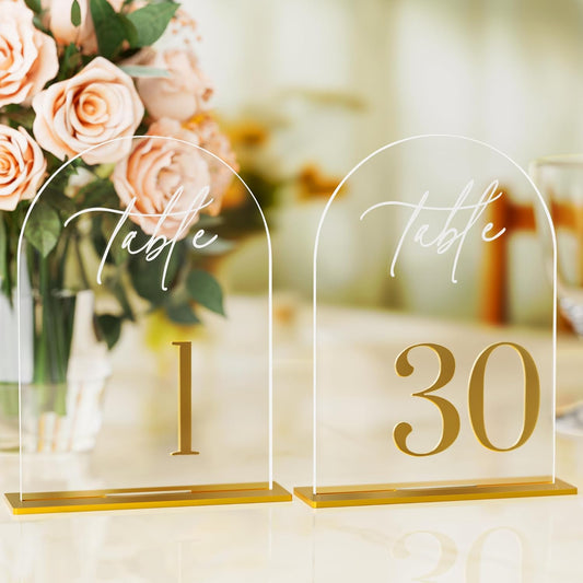 Arch Wedding Table Numbers 1-30 with Stands, Elegant Gold Number 5.5 x 7” Arch Acrylic Signs with Holder, Clear Acrylic Table Numbers for Wedding Reception, Anniversary, Party, Events