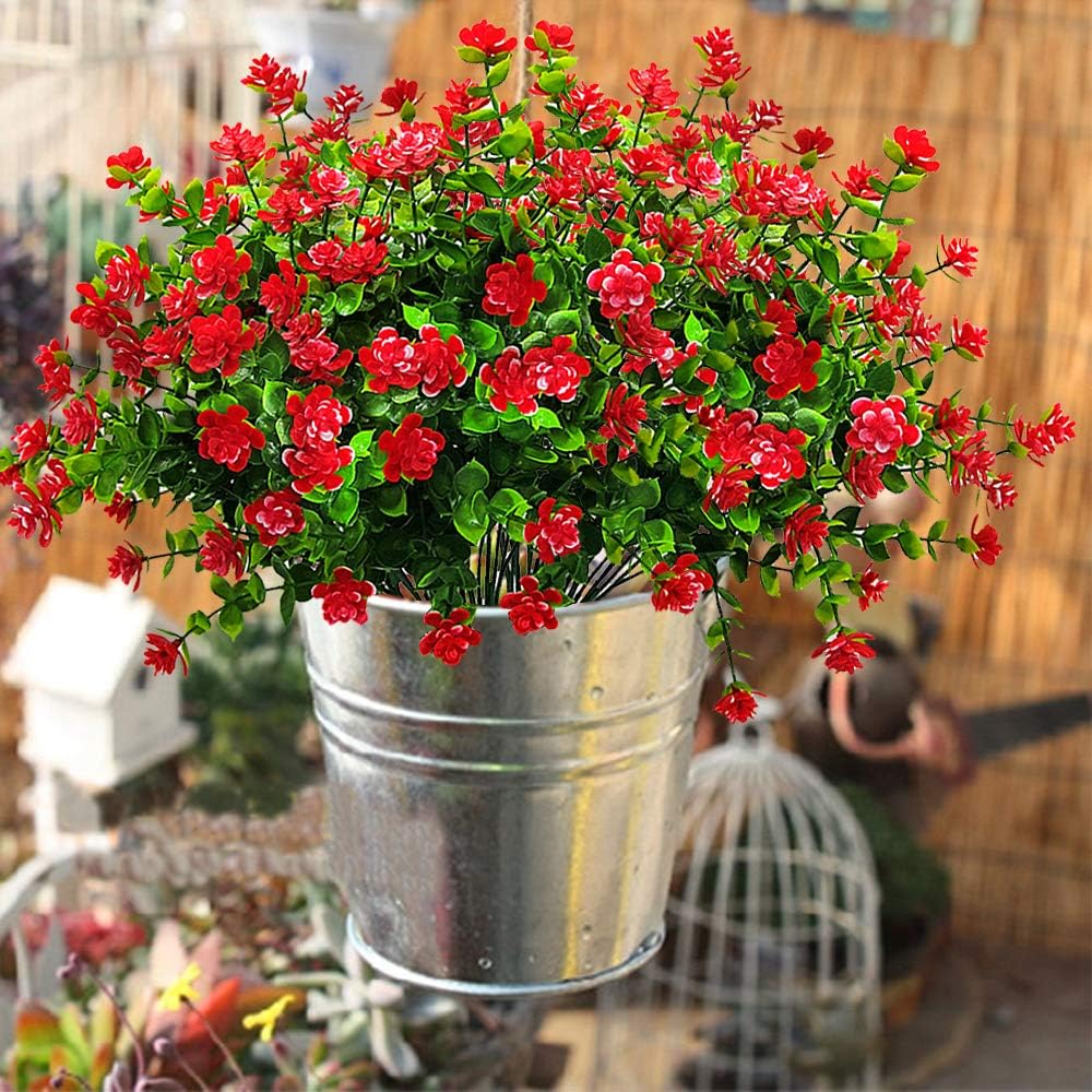 10 Bundles Artificial Fake Flowers, Faux Outdoor Plastic Plants UV Resistant Shrubs Outside Indoor Decorations (Red-Eucalyptus)