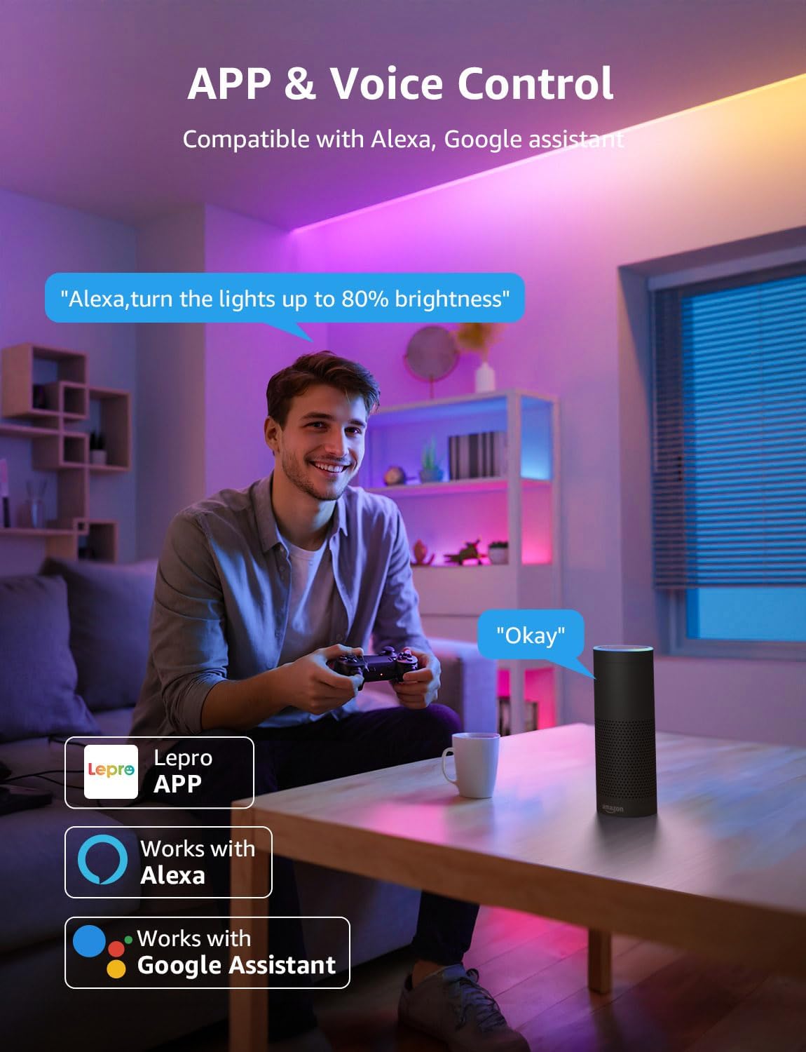 Lepro S1 AI LED Strip Lights for Bedroom - 32.8ft Smart RGB Light Strips with IC and Rainbow Chasing Effects, Color Segment DIY, AI Generated Lighting, No Remote, 2.4G Wi-Fi & Bluetooth