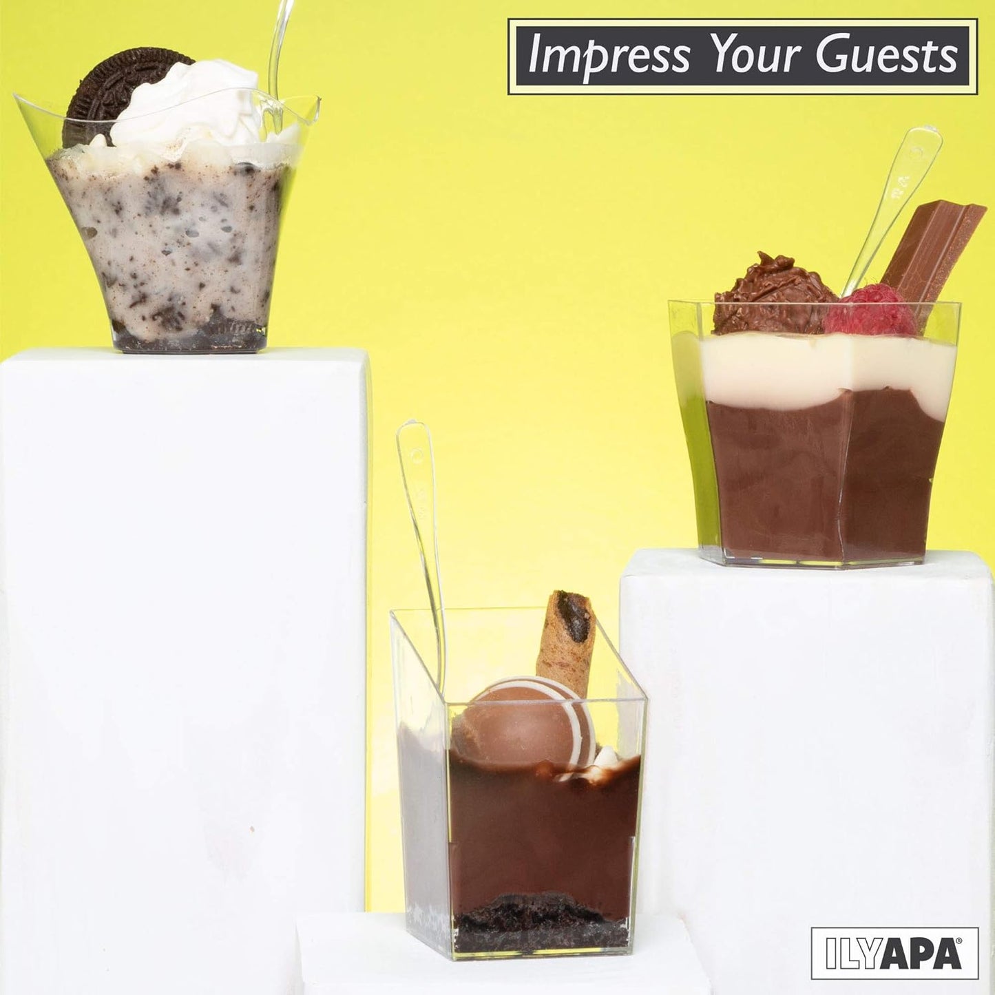 Ilyapa 3.5oz Plastic Dessert Cups - 100 Pack Mini Dessert Cups with Spoons - Clear Reusable Small Appetizer Cup for Cheesecake Shooters, Chocolate Mousse - Party and Catering Supplies - Parfait