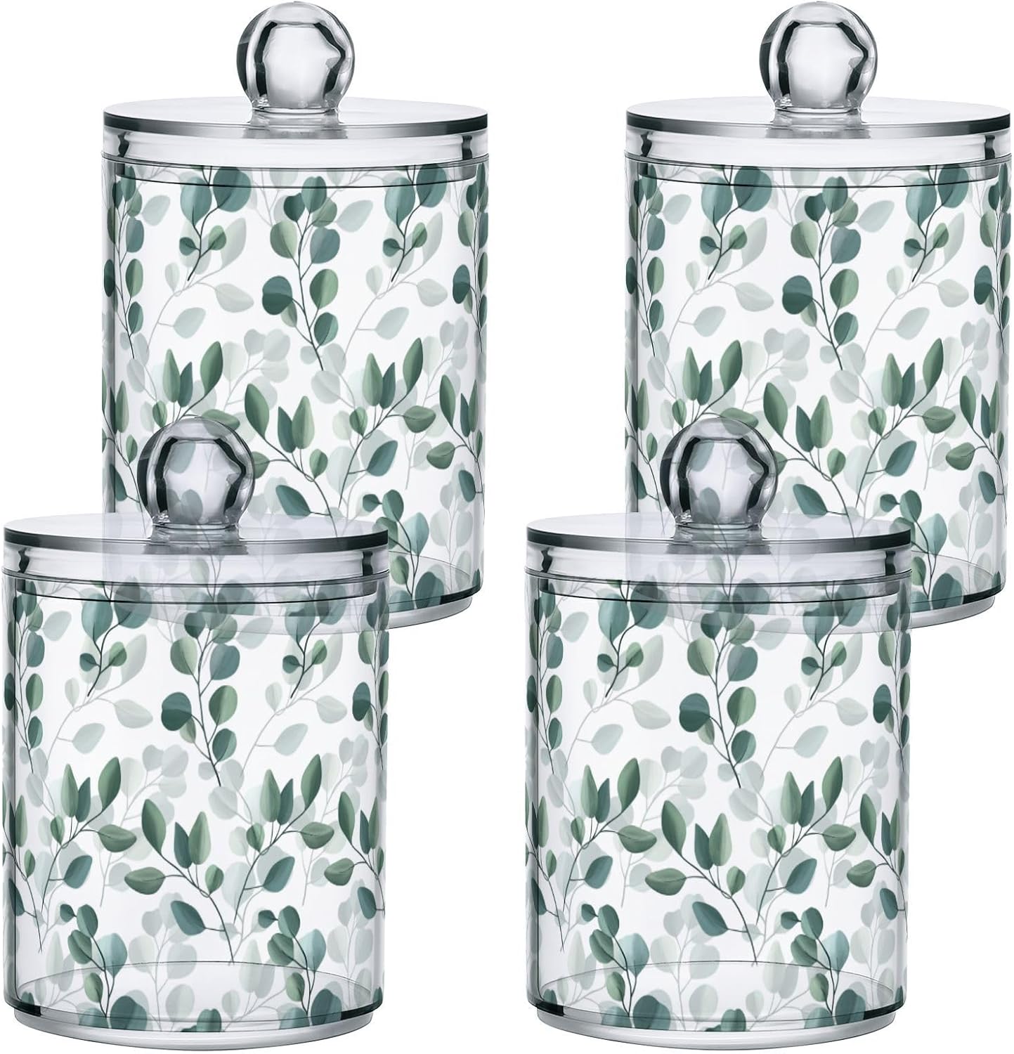 Qtip Holder Dispenser 4 Pack Green Watercolor Floral Leaves Apothecary Jars with Lids Bathroom Vanity Countertop Canister Storage Organizer for Cotton Ball,Swabs,Pads,Floss