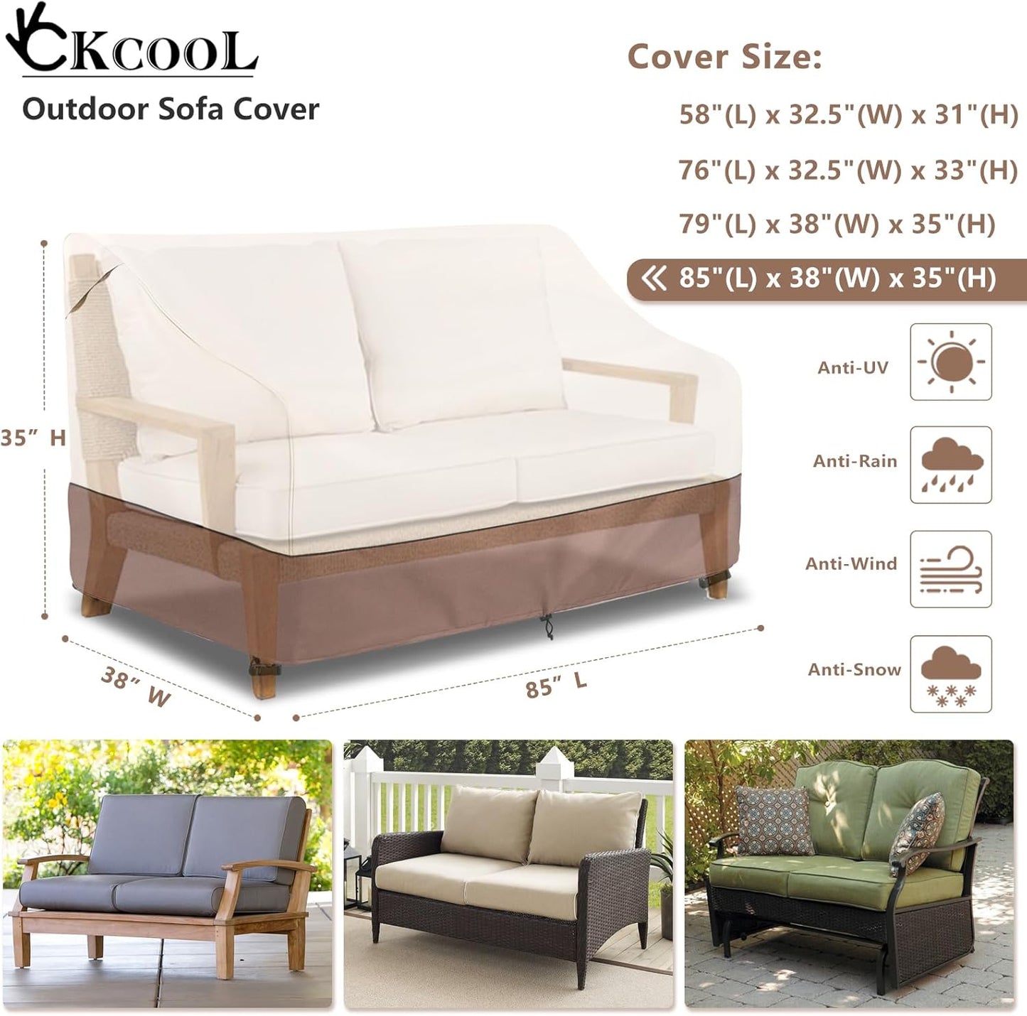 Okcool Heavy Duty Patio Sofa Cover, 100% Waterproof 3-Seater Outdoor Sofa Cover Fits up to 85W x 38D x 35H Inches, Lawn Patio Furniture Covers,Beige & Brown
