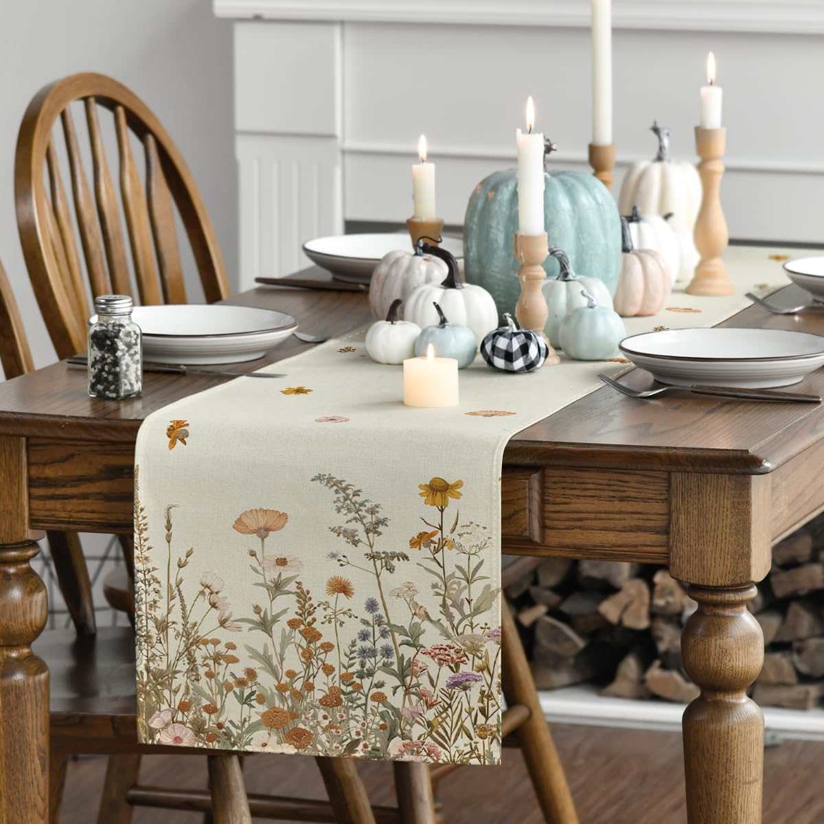 Artoid Mode Wild Flowers Grasses Floral Fall Table Runner, Seasonal Autumn Kitchen Dining Table Decoration for Home Party Decor 13x120 Inch