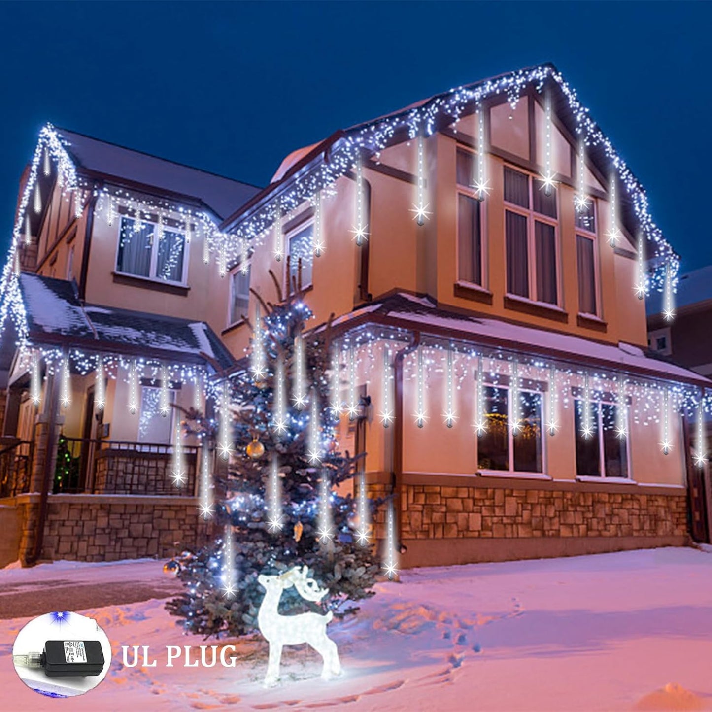 Christmas Lights Outdoor UL Certified Meteor Shower Lights 12 Inch 8 Tubes 192 LED Falling Rain Drop Icicle Snow Cascading Light for Xmas Tree Wedding Party Garden Decoration, White