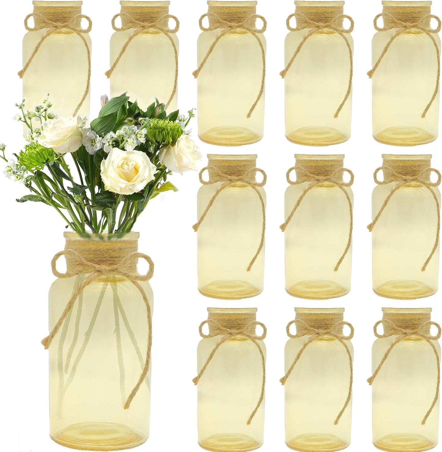 Vintage Glass Flower Vase，12 Pack Gold Amber Farmhouse Glass Centerpiece Vases Mason Jars for Weddings, Parties & Home Decor Bulk (12, Gold)