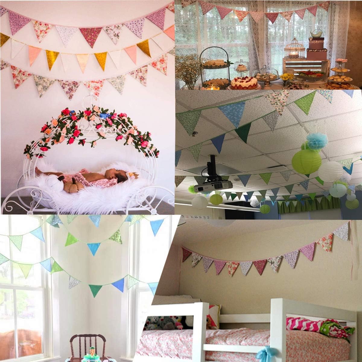 10M/32Ft Triangle Bunting Banner, 36 Pcs Cotton Fabric Flags Pennant Garlands for Birthday Party, Wedding, Baby Shower, Outdoor and Home Decorations (Blue)