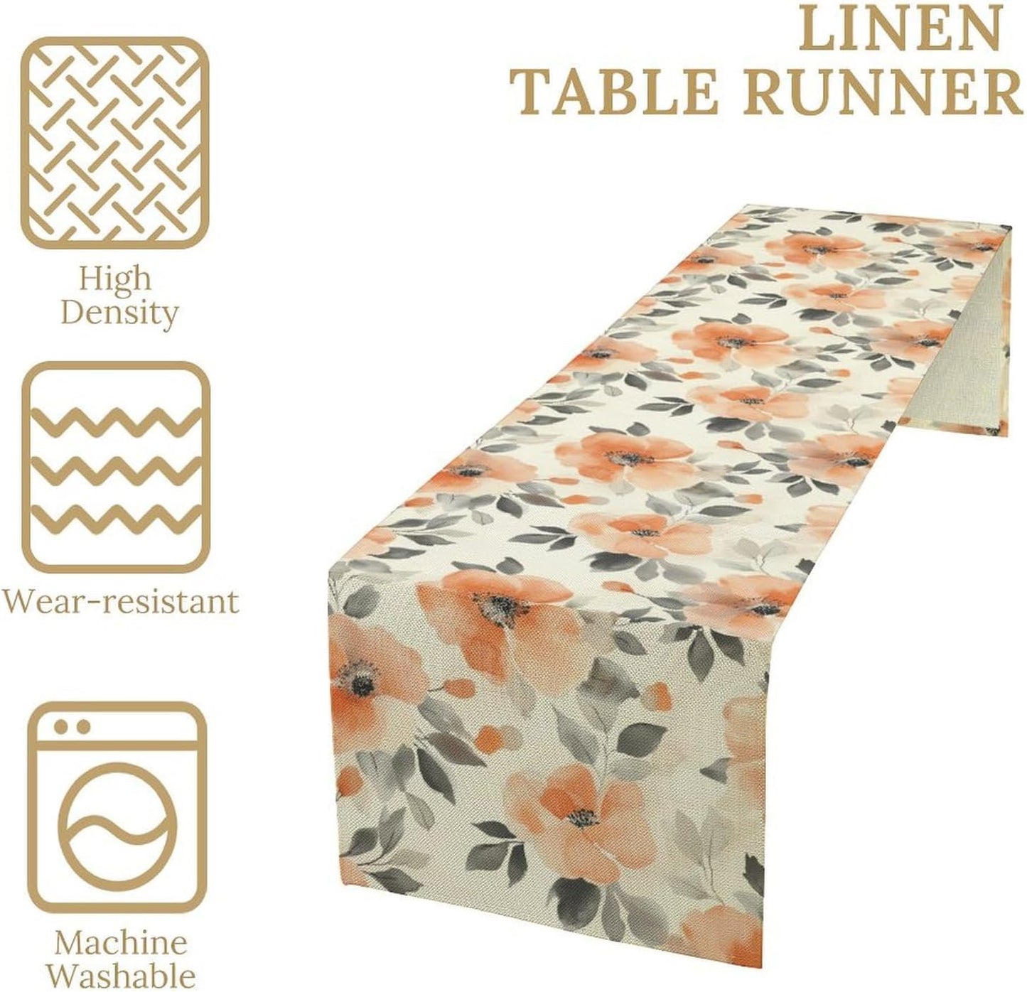 Floral Fall Table Runner, Rustic Watercolor Orange Flowers Seasonal Summer Autumn Table Runner for Kitchen Dinning Table Runner Decor Home Wedding Party Holiday, 13x60 Inch