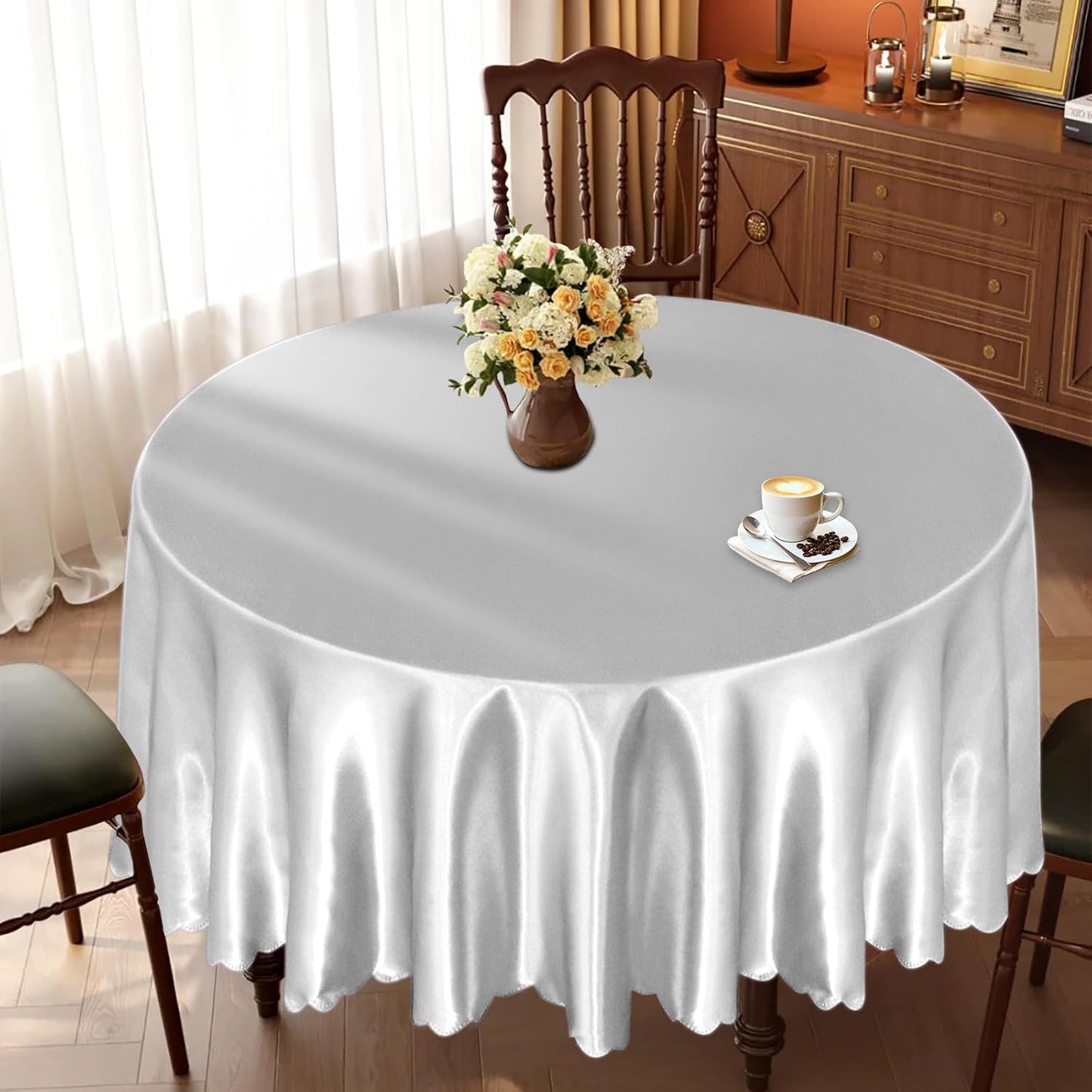 KKJIAF 1 Pack 60 Inch / 5ft Round Table Cloth, Silver Overlay Round Satin Table Cover, Silky Satin Dining Tablecloths for Wedding Buffet Parties Banquet Decoration