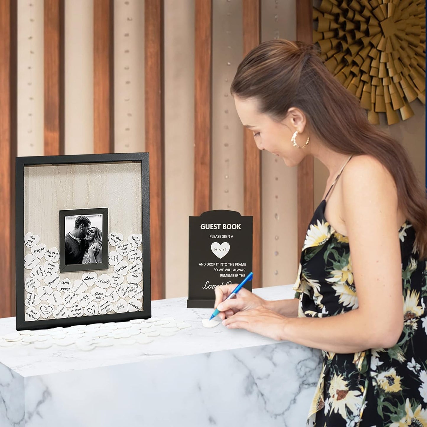 Wedding Guest Book Alternative, Registry Item,12x16 Picture Frame, 70 Pcs Welcome Sign, Gift, White Hearts, Baby Shower Registry, Anniversary, Funeral, Memories (Black)