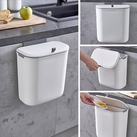 ELPHECO Compost Bin, 2.5 Gallon Hanging Trash Can with Lid, Kitchen Cabinet Door Under Sink Plastic Garbage Can Wall Mounted Slide Open, White - Image 2