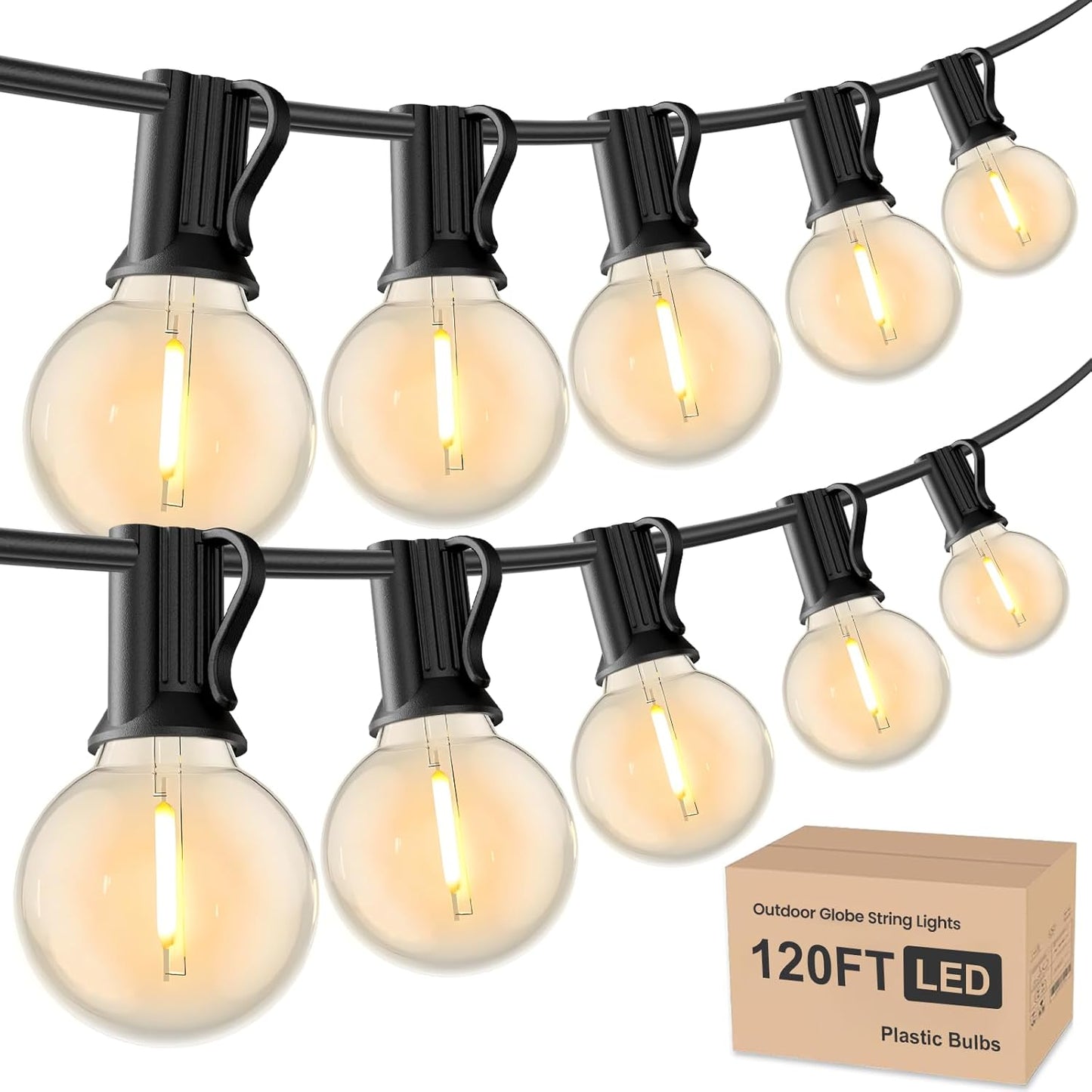 RTTY Outdoor String Lights 120ft, G40 Led Patio Globe Lights with 62pcs Bulbs,Shatterproof Waterproof Connectable Hanging for Porch Cafe Bistro Backyard Gazebo Balcony Deck Party