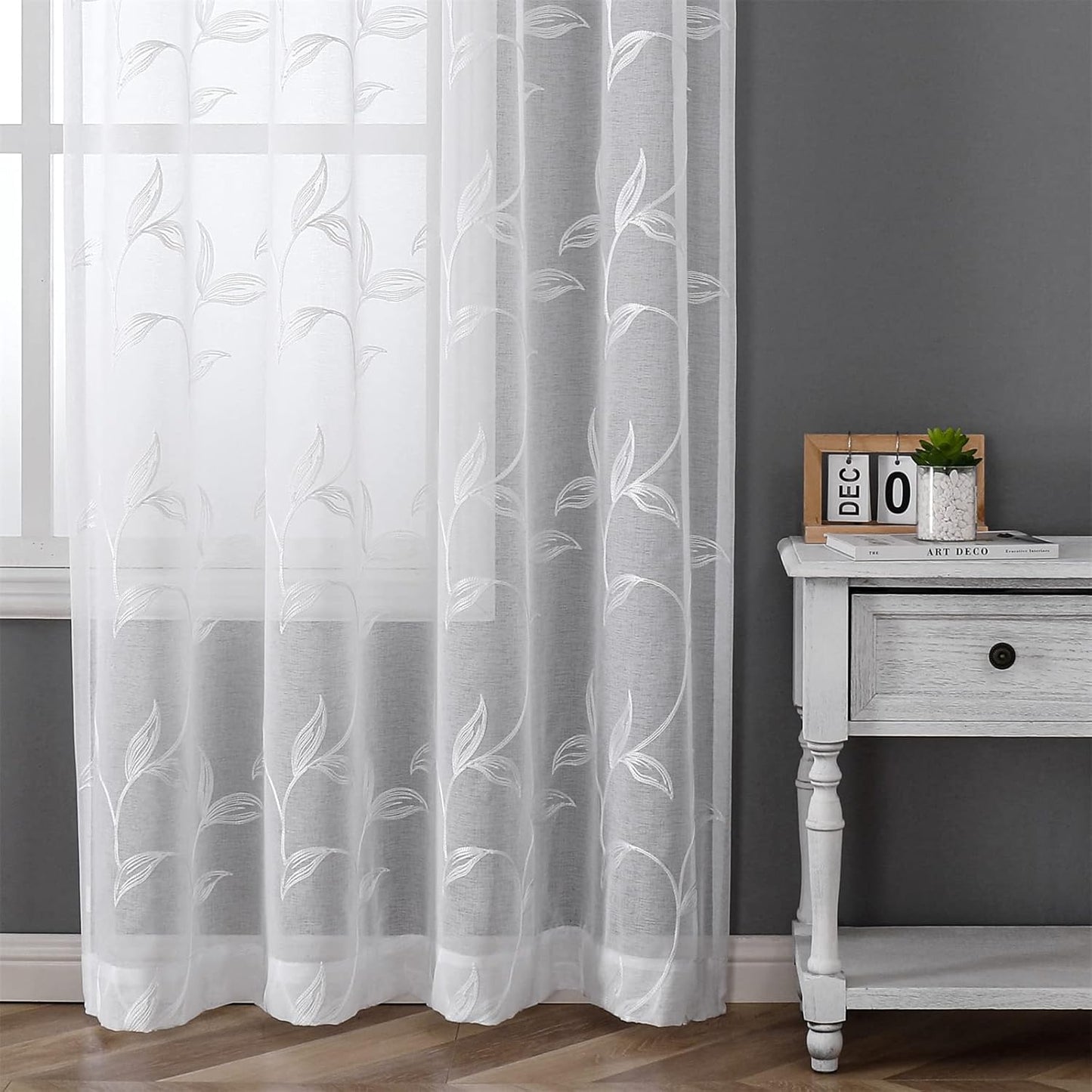 VISIONTEX White Sheer Voile Curtains, Decorative White Embroidery Faux Linen Rod Pocket Window Drapes for Home Kitchen, Living Room and Bedroom 54 x 108 Inch, Set of 2 Curtain Panels
