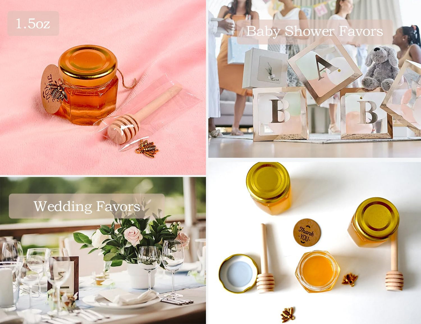 Adabocute Mini Honey Jars - Honey Pot With Honey Dipper, Bee Pendants, Jutes, Tags and Gold Organza Bags - Perfect For Baby Shower Favors, Party Favors and Wedding Favors, 40 Pack 1.5oz
