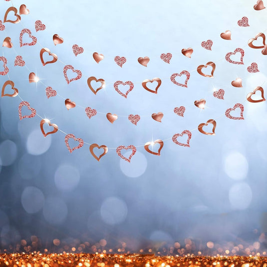 Cheerland Rose Gold Heart Garland Glitter Valentine Day Mothers Day Wedding Engagement Anniversary Bridal Shower Baby Shower Bachelorette Party Decorations Backdrop Banner Hanging Decor