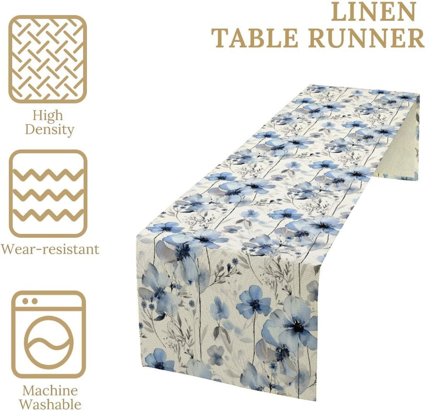 Watercolor Floral Table Runner, Blue Poppy Flower Seasonal Spring Summer Table Runner for Kitchen Dinning Table Runner Decor Home Wedding Party Holiday, 13x108 Inch