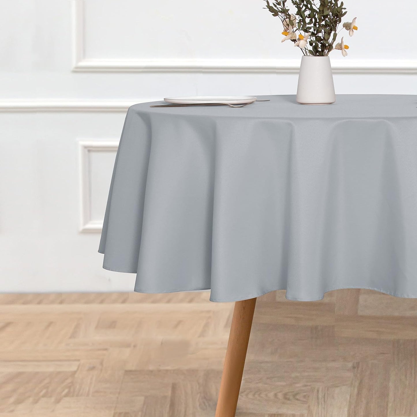 sancua Round Tablecloth - 70 Inch - Water Resistant Spill Proof Washable Polyester Table Cloth Decorative Fabric Table Cover for Dining Tables, Buffet Parties and Camping, Silver Grey