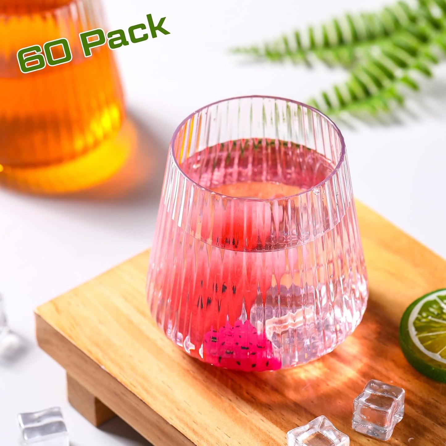 Suclain 60 Pcs Plastic Wine Glasses Ribbed Stemless Wine Glasses 14oz Vertical Design Unbreakable Cups for Outdoor Indoor Vintage Elegant Champagne Whiskey Glasses for Christmas Party Wedding (Clear)